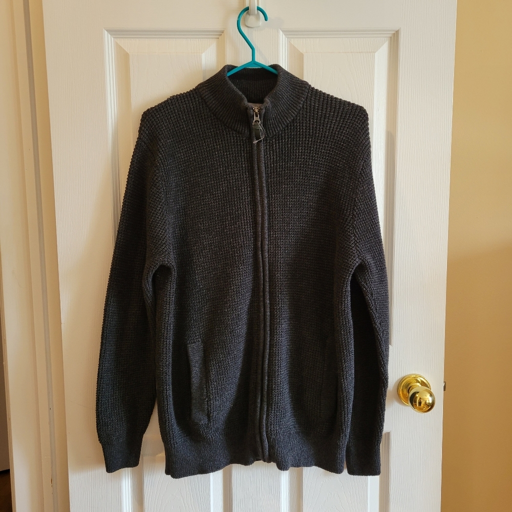 Denver Hayes dark charcoal grey zip up mockneck knit sweater large